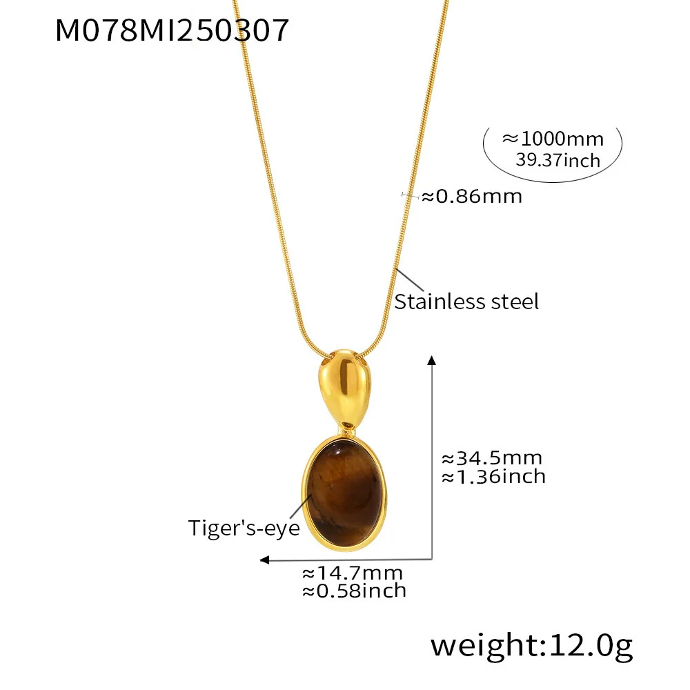 Wholesale Women's Light Luxury Geometric Ferris Wheel Oval Long Necklace In Stainless Steel And Tiger Eye Stone With Pvd Electroplating 18K Real Gold - Image 7