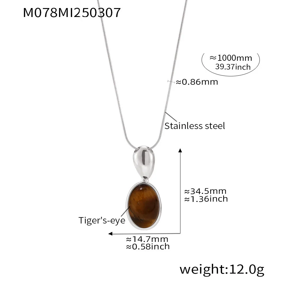 Wholesale Women's Light Luxury Geometric Ferris Wheel Oval Long Necklace In Stainless Steel And Tiger Eye Stone With Pvd Electroplating 18K Real Gold - Image 9