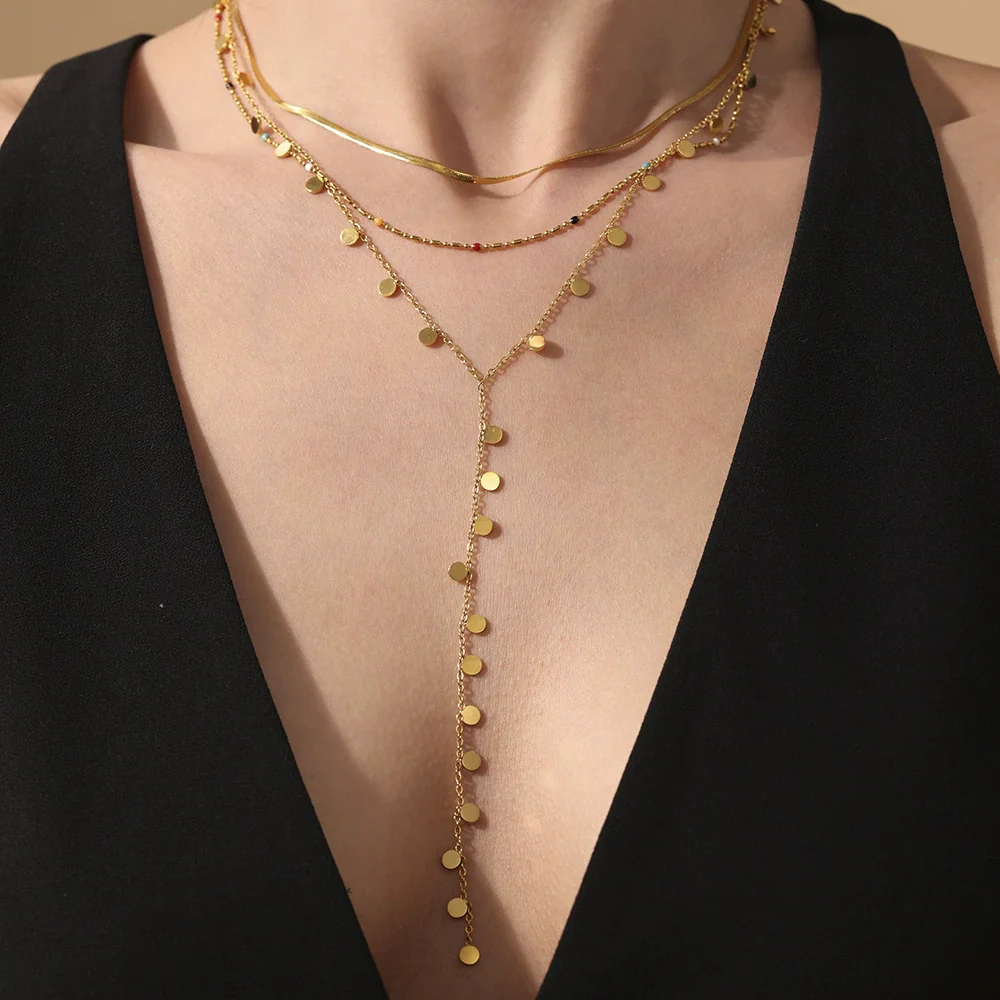 Wholesale Women's Light Luxury Geometric Ferris Wheel Sequin Pendant Tassel Long Yshaped Stainless Steel And Titanium Steel Electroplated Necklace - Image 3