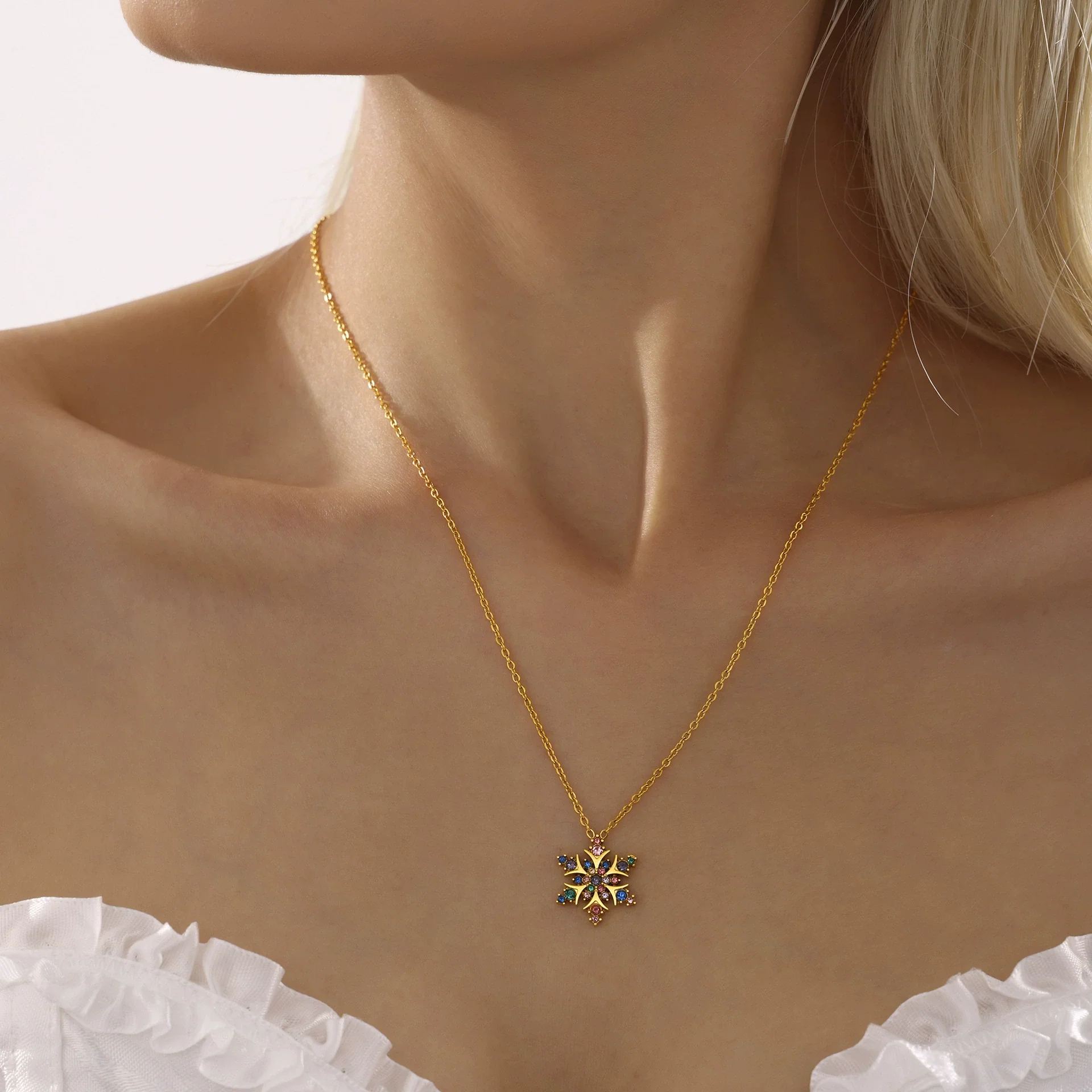 Wholesale Women's Light Luxury Geometric Ferris Wheel Snowflake Zircon Stainless Steel Pendant Clavicle Necklace With 18K Gold Pvd Plating - Image 2