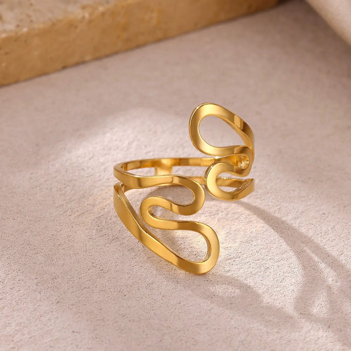 Wholesale Women's Light Luxury Geometric Lines Inlaid With Gold Stainless Steel Open Ring Hand Jewelry - Image 3
