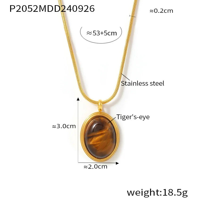 Wholesale Women's Light Luxury Geometric Pattern Oval Tiger Eye Stone Stainless Steel Electroplated Pendant Necklace For Autumn And Winter - Image 6