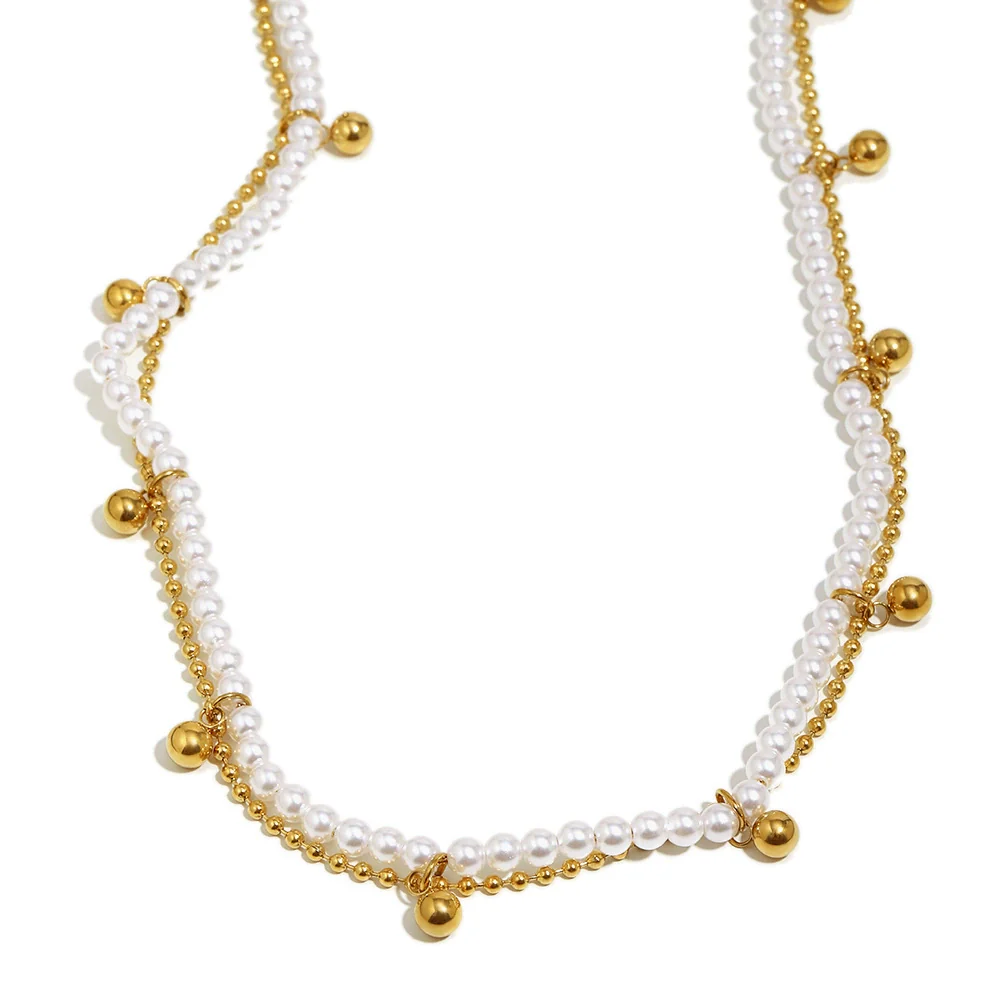 Wholesale Women's Light Luxury Geometric Stainless Steel Electroplated 18K Gold Imitation Pearl Ball Double Chain Necklace - Image 5