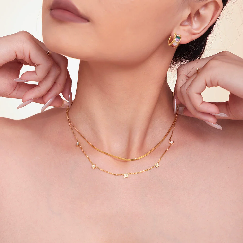 Wholesale Women's Light Luxury Geometric Star Shape Inlaid Zircon Titanium Steel Goldplated Doublelayer Clavicle Necklace - Image 3