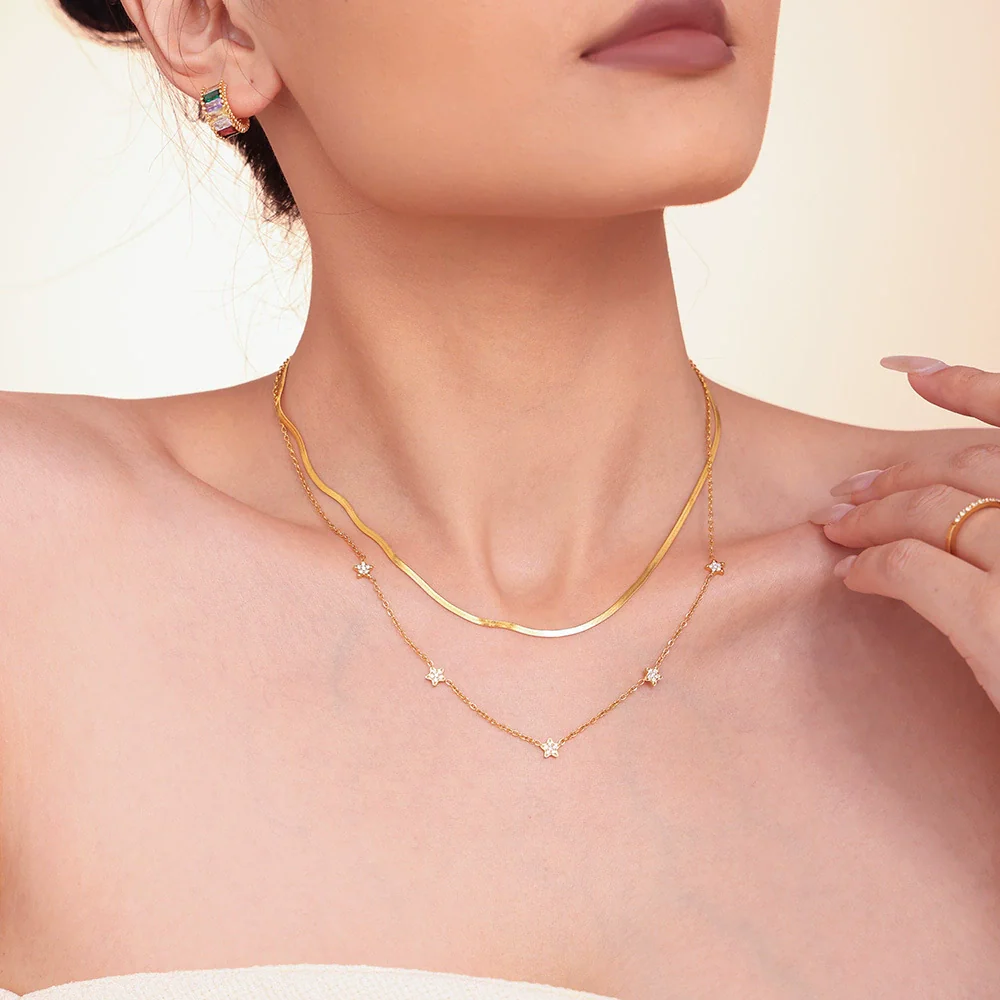 Wholesale Women's Light Luxury Geometric Star Shape Inlaid Zircon Titanium Steel Goldplated Doublelayer Clavicle Necklace - Image 4
