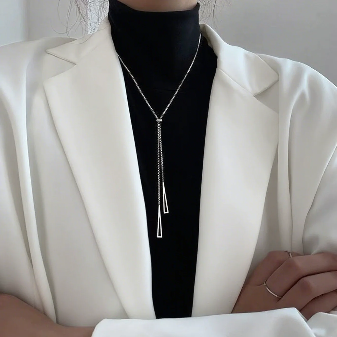 Wholesale Women's Light Luxury Geometric Triangular Tassel Electroplated Titanium Steel Box Chain Necklace - Image 2
