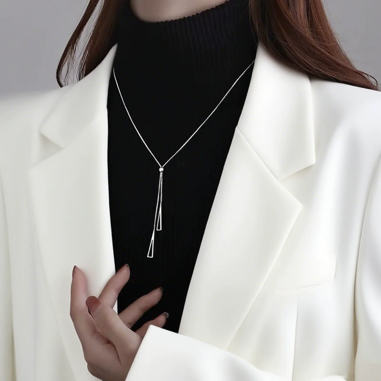 Wholesale Women's Light Luxury Geometric Triangular Tassel Electroplated Titanium Steel Box Chain Necklace - Image 3