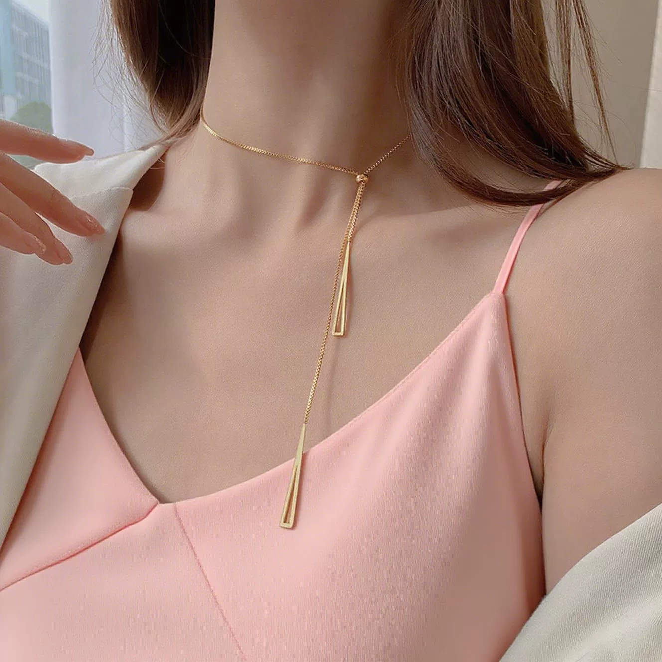 Wholesale Women's Light Luxury Geometric Triangular Tassel Electroplated Titanium Steel Box Chain Necklace - Image 4