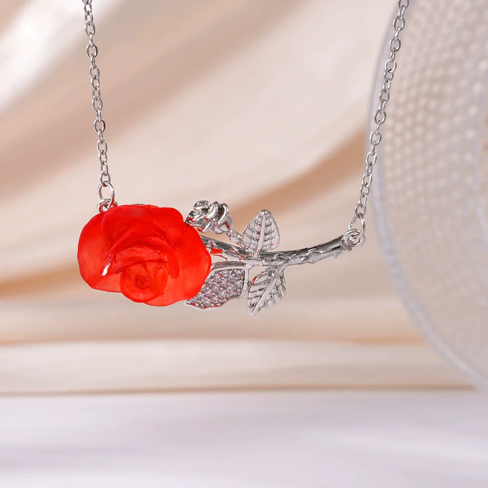 Wholesale Women's Light Luxury Rose Flower Pendant Necklace Copper Electroplating Mixed Gemstone Setting O Chain Jewelry - Image 9