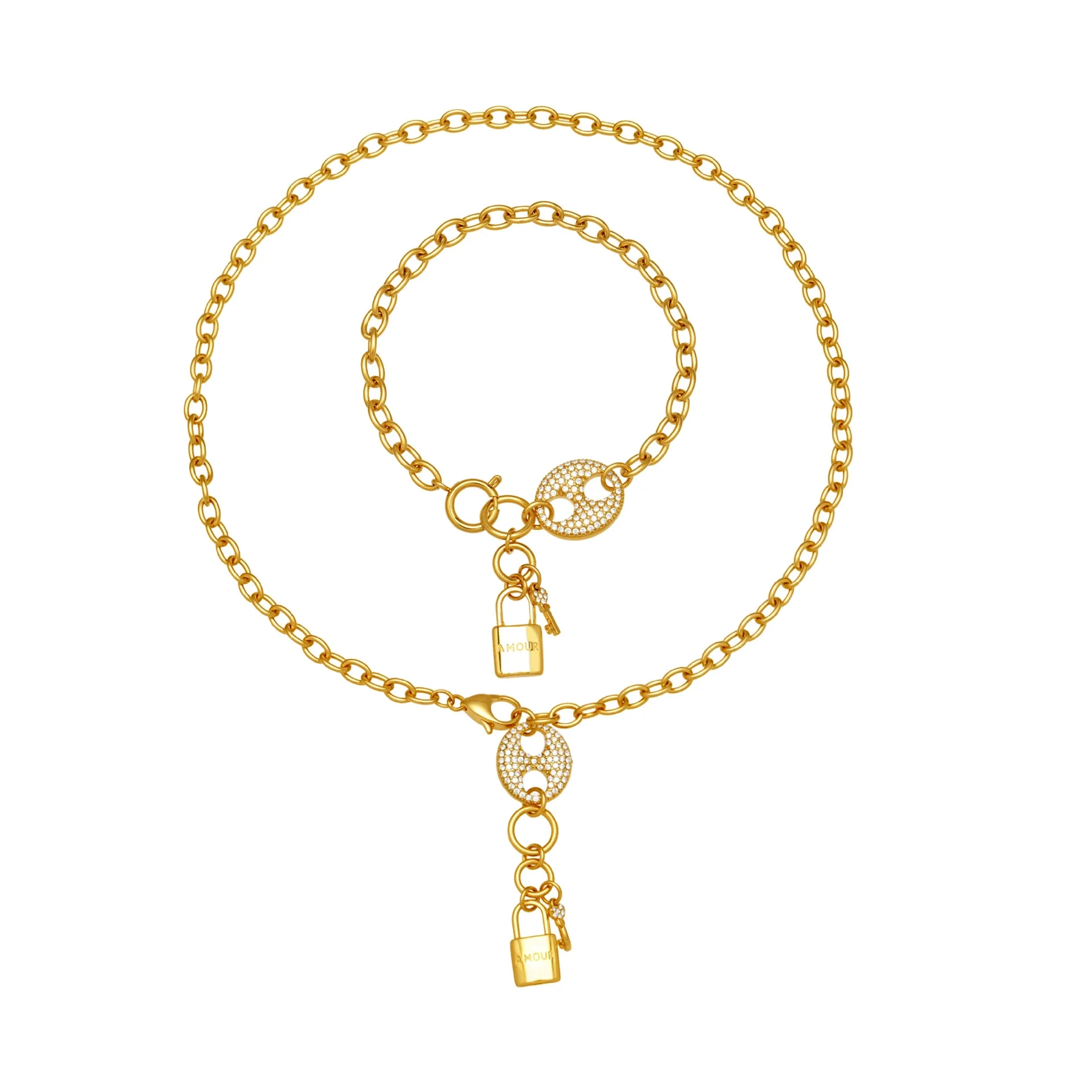 Wholesale Women's Light Luxury Stainless Steel And Zircon Pig Nose Lock Tassel Pendant 18K Real Gold Plated Necklace And Bracelet Set - Image 5