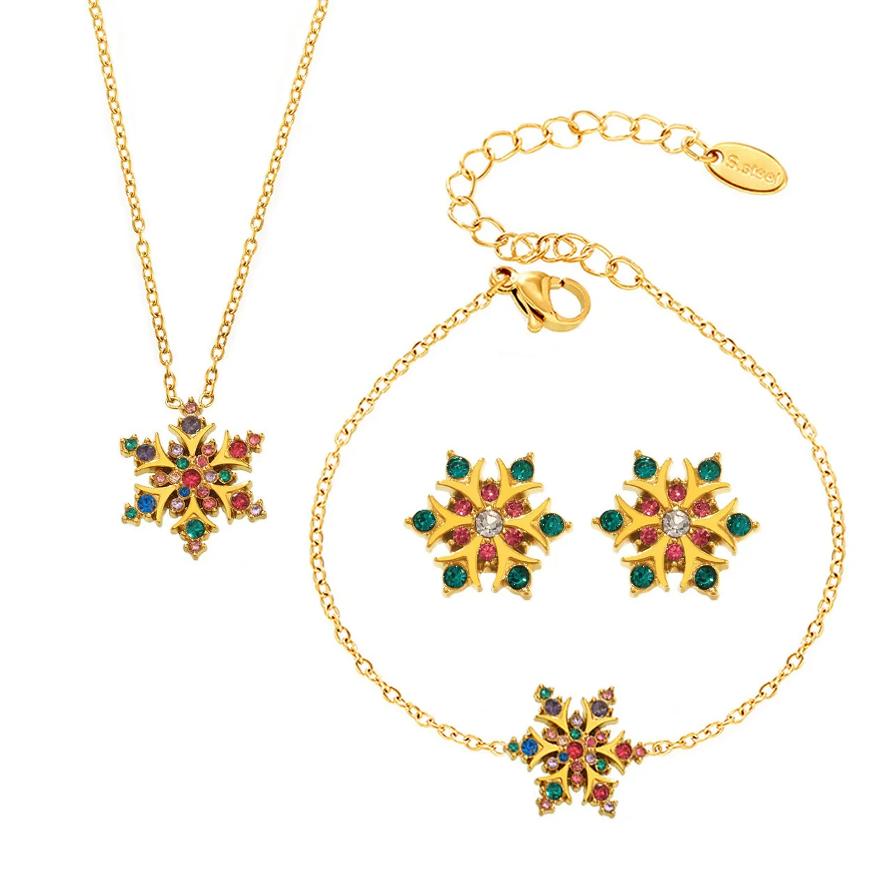 Wholesale Women's Light Luxury Stainless Steel Zircon Ferris Wheel Snowflake Handmade Electroplated Inlaid Necklace Earring Bracelet Set - Image 4
