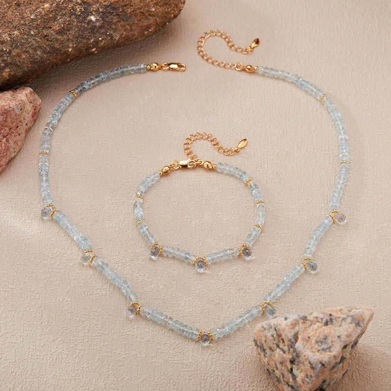 Wholesale Women's Light Luxury Style Aquamarine Natural Gemstone Beads S925 Sterling Silver Clavicle Chain Jewelry Set With Gems