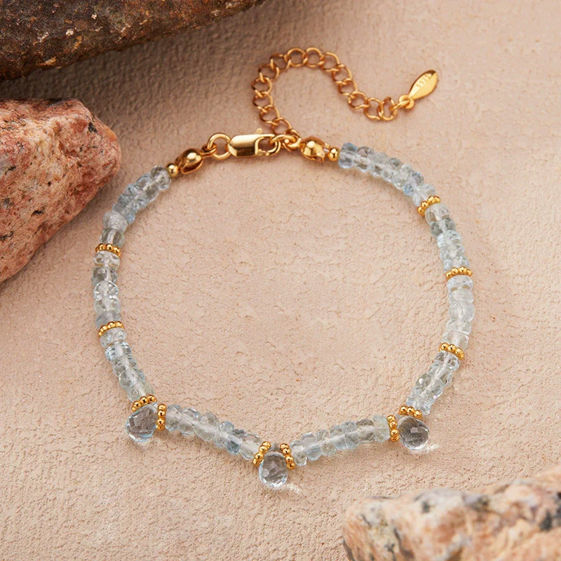 Wholesale Women's Light Luxury Style Aquamarine Natural Gemstone Beads S925 Sterling Silver Clavicle Chain Jewelry Set With Gems - Image 3