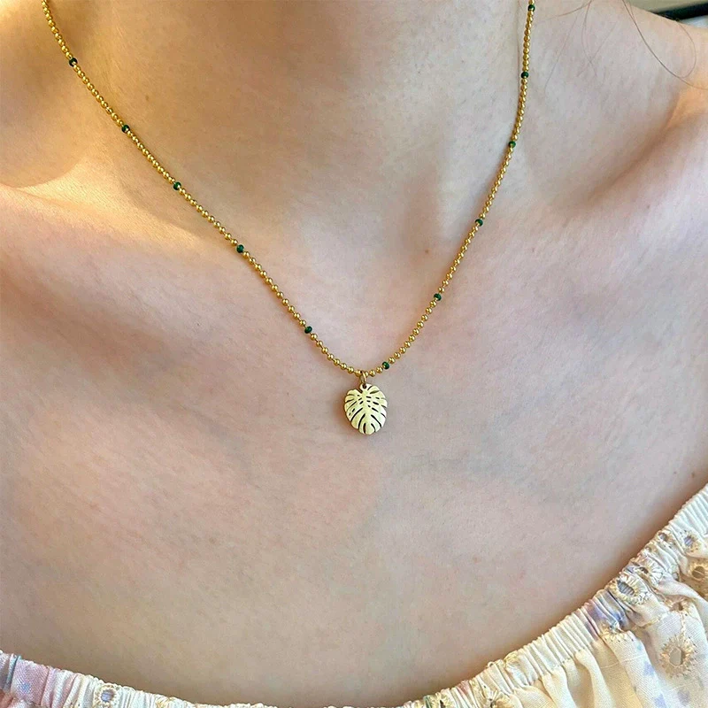 Wholesale Women's Light Luxury Style Electroplated Stainless Steel Leaf Pendant Ball Chain Necklace - Image 6