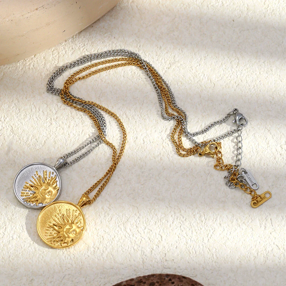 Wholesale Women's Light Luxury Style Geometric Stainless Steel Vacuum Plated In Furnace Coin Sun Side Chain Necklace - Image 3