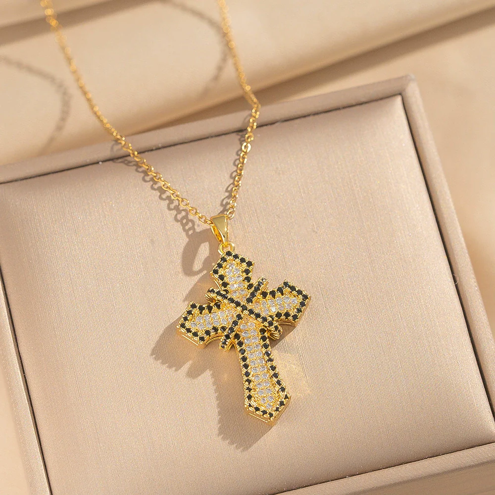 Wholesale Women's Light Luxury Style Gold Plated Copper Zircon Inlaid Cross Pendant Necklace With O Word Chain - Image 2