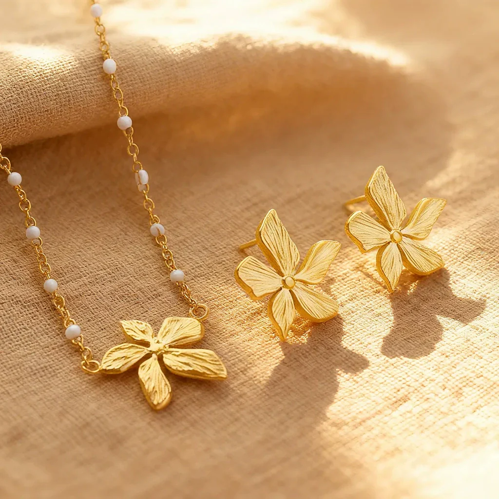 Wholesale Women's Light Luxury Style Gold Plated Stainless Steel Flower Cross Chain Necklace And Earrings Jewelry - Image 4