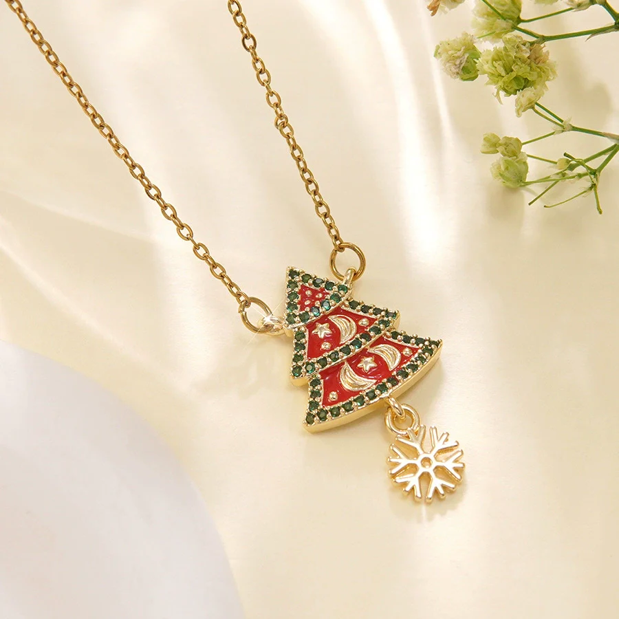 Wholesale Women's Light Luxury Style Stainless Steel And Copper Necklace With Glass Inlay Of Cartoon Characters Christmas Tree And Bow - Image 9
