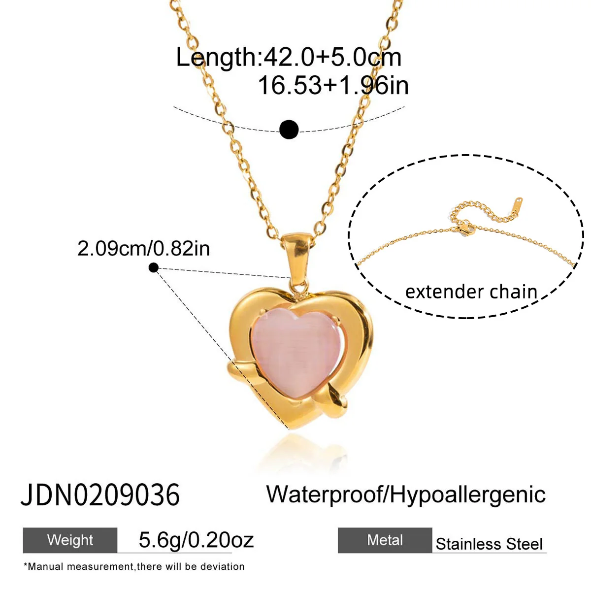 Wholesale Women's Love Shape Stainless Steel Electroplated Necklace With Pink Cat's Eye Stone - Image 6