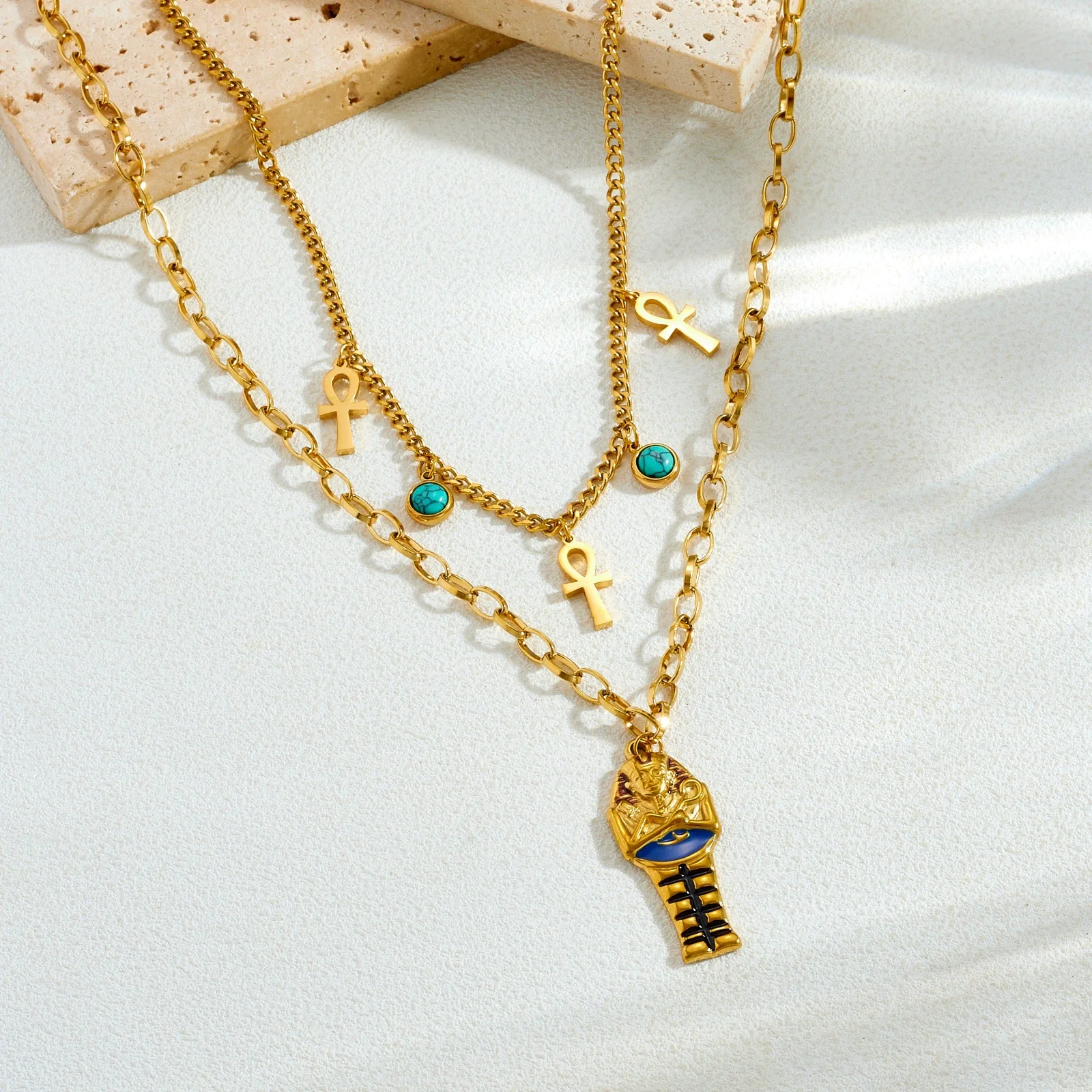 Wholesale Women's Maillard Style Doublelayered Goldplated Stainless Steel Cross Pendant Necklace Choker - Image 3