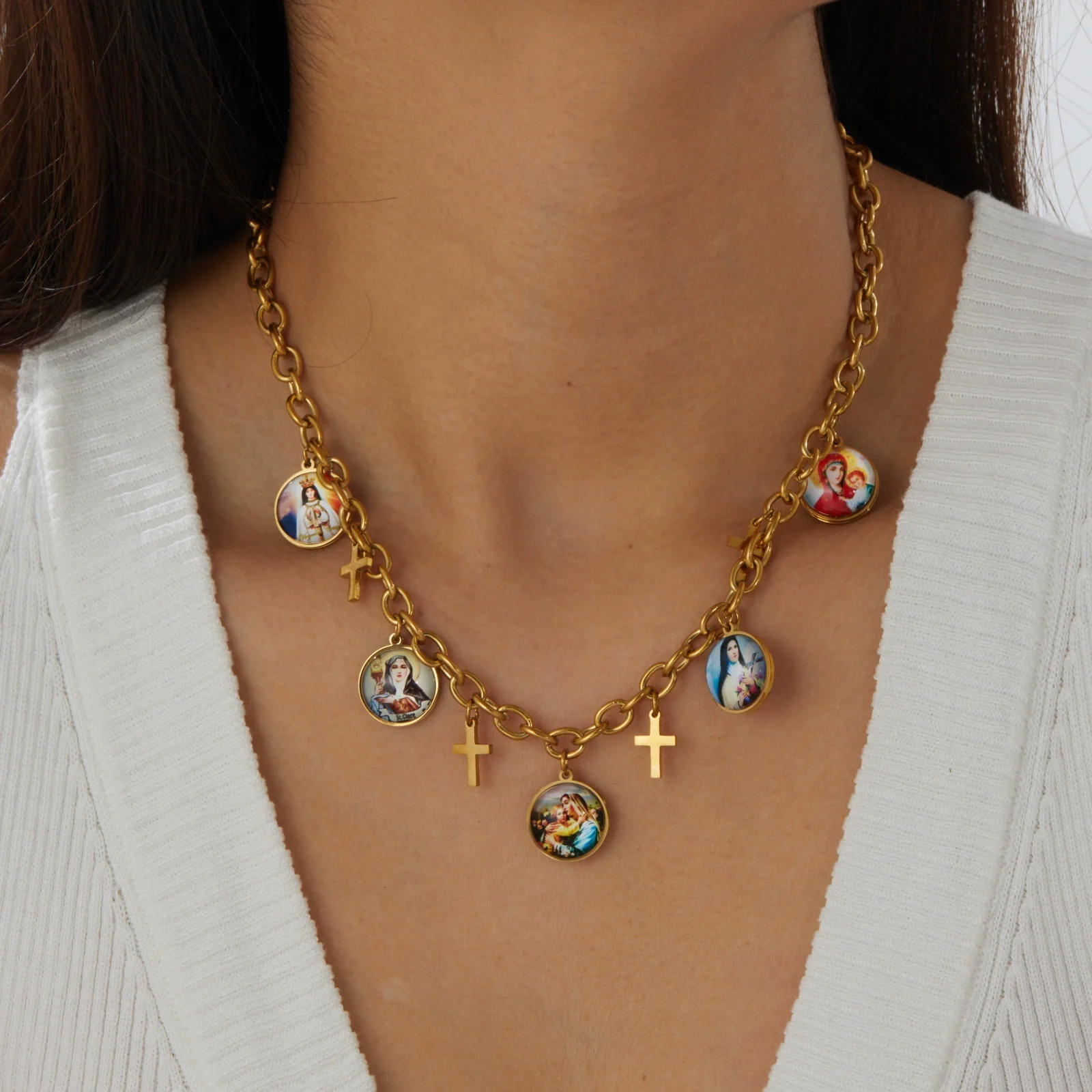 Wholesale Women's Maillard Style Gold Plated Cross Pendant Necklace With Round Portrait Pattern Stainless Steel Oshaped Chain - Image 2