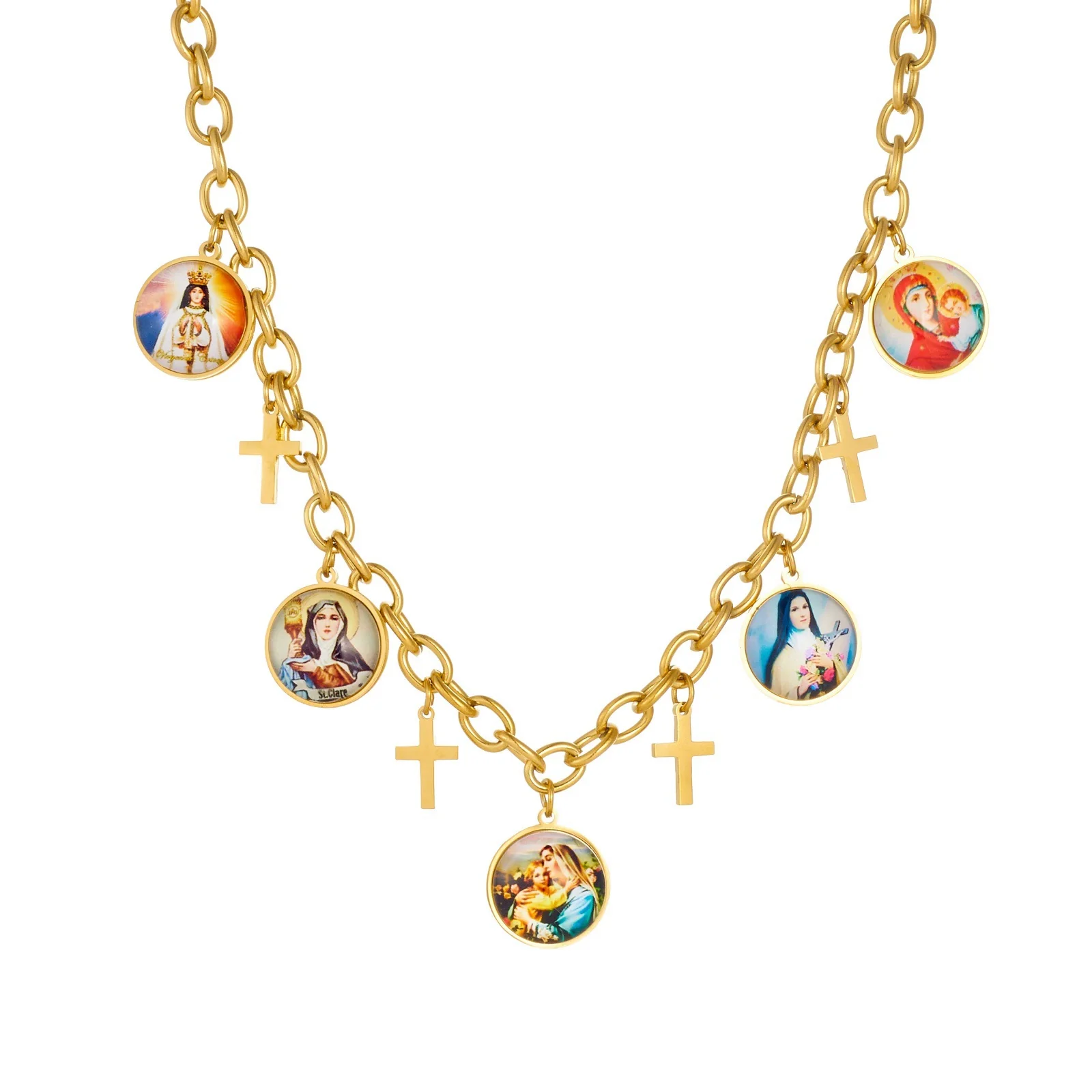Wholesale Women's Maillard Style Gold Plated Cross Pendant Necklace With Round Portrait Pattern Stainless Steel Oshaped Chain - Image 5