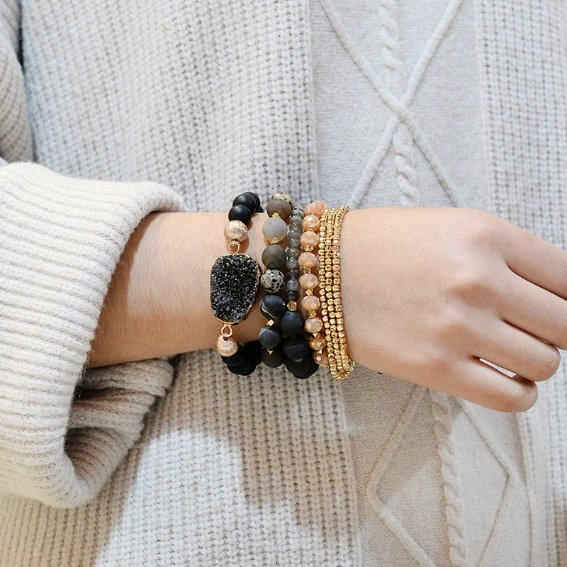 Wholesale Women's Minimalist Geometric Natural Matte Stone Agate Crystal Multilayered Bracelet - Image 2