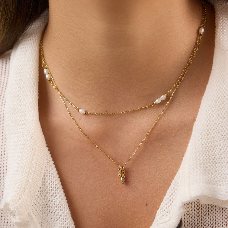 Wholesale Women's Minimalist Geometric Stainless Steel Pearl Necklace With Pvd Furnace Vacuum Real Gold Plating - Image 3