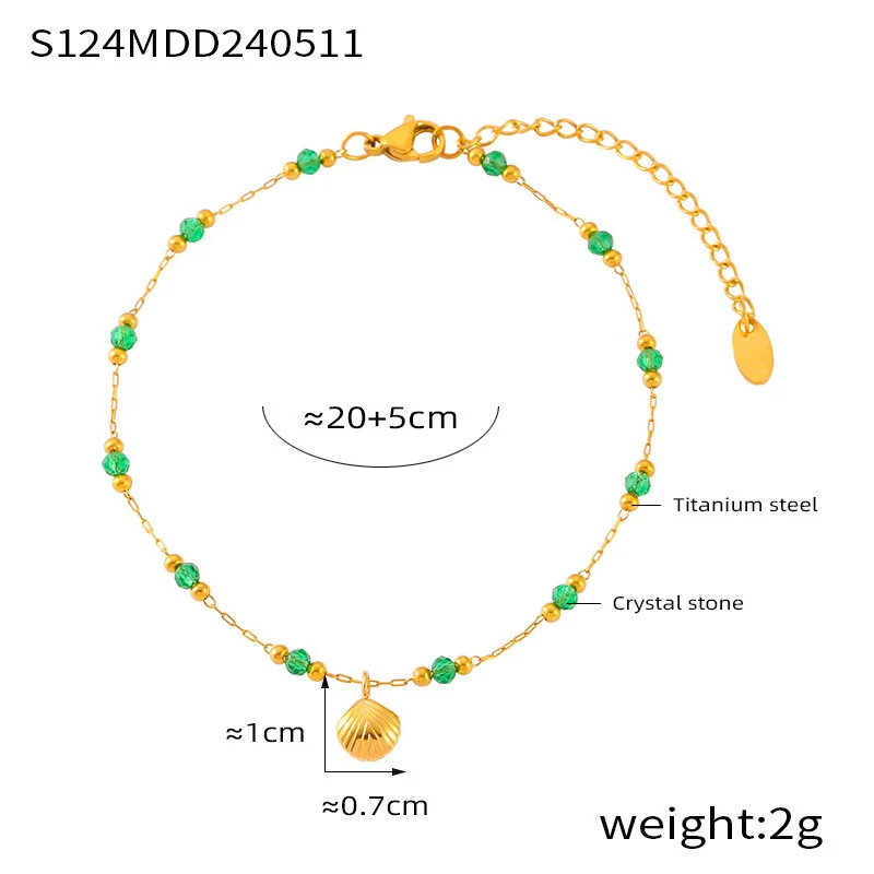 Wholesale Women's Minimalist Geometric Titanium Steel Gold Plated Anklet With Shell Bric Pendant And Green Bead - Image 6