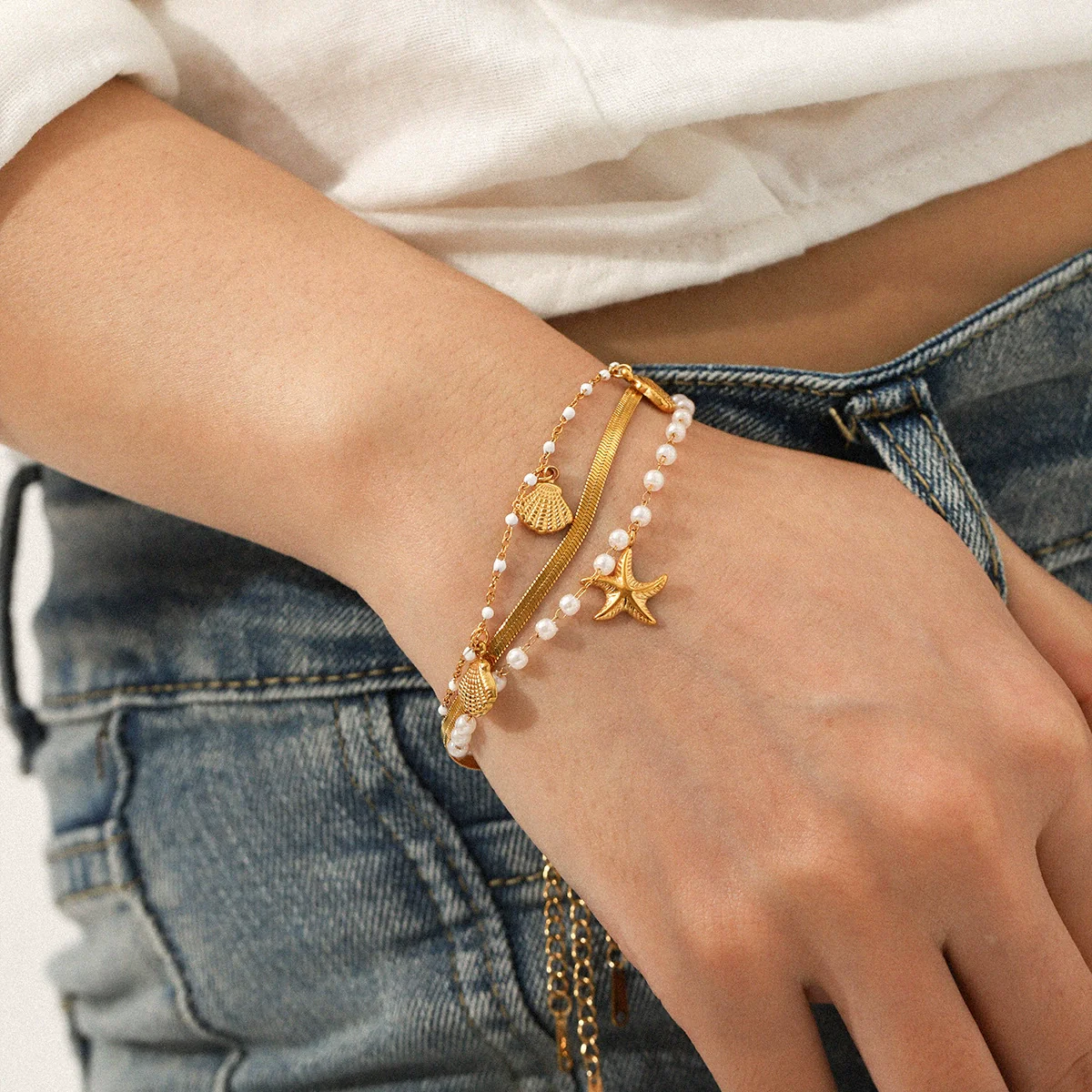 Wholesale Women's Minimalist Ins Style Geometric Stainless Steel Electroplated Bracelet Set With Shell And Starfish Pendant