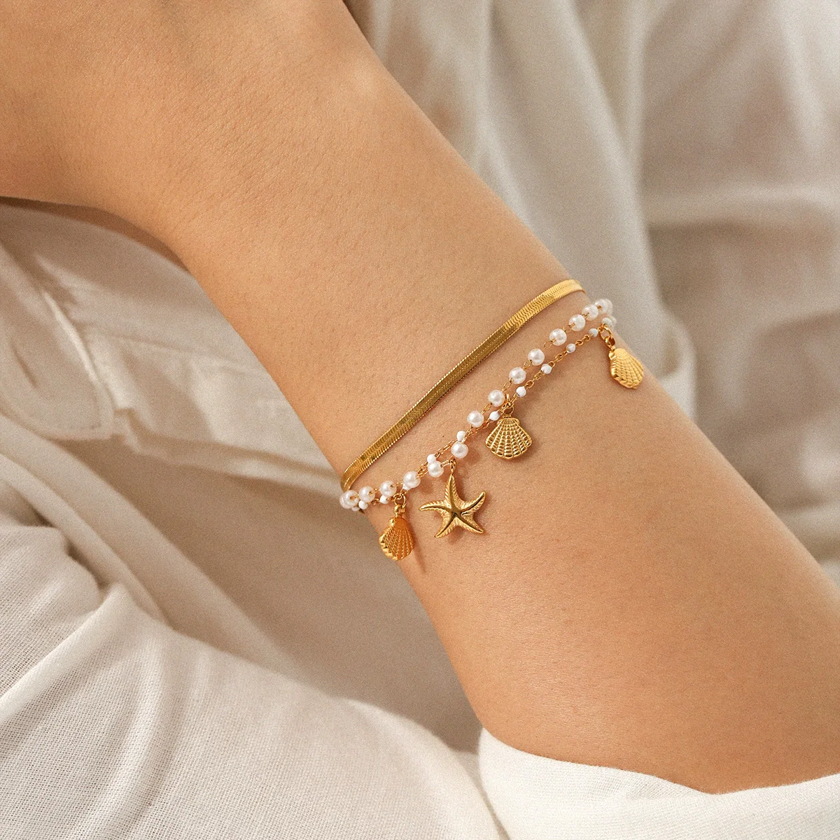Wholesale Women's Minimalist Ins Style Geometric Stainless Steel Electroplated Bracelet Set With Shell And Starfish Pendant - Image 3