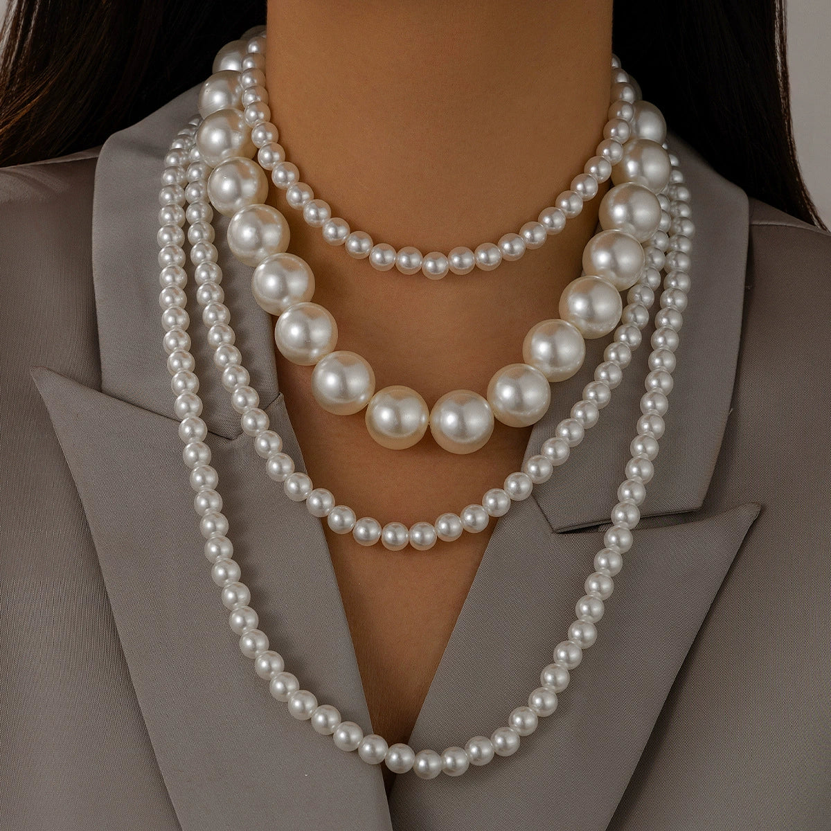 Wholesale Women's Multi Layer Imitation Pearl Necklace With Geometric Pattern Ball Chain Baroque Retro Style - Image 3