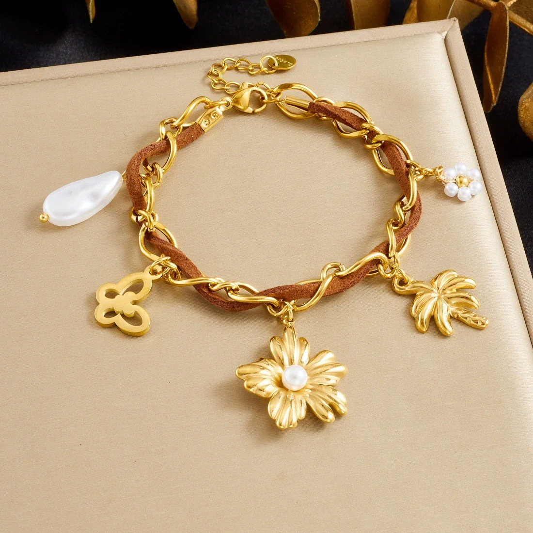 Wholesale Women's Multielement Retro Goldplated Stainless Steel Bracelet With Flower And Butterfly Pendant In Maillard Style - Image 6