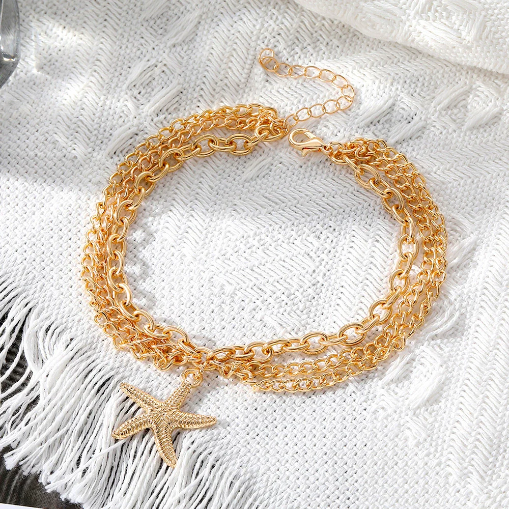 Wholesale Women's Multilayer Alloy Anklet With Hollow Chain Tassel Starfish Pendant And Geometric Design - Image 2