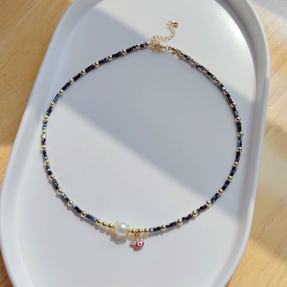 Wholesale Women's Natural Freshwater Pearl Handwoven Geometric Small Square Crystal Evil Eye Pendant Clavicle Chain Necklace - Image 4