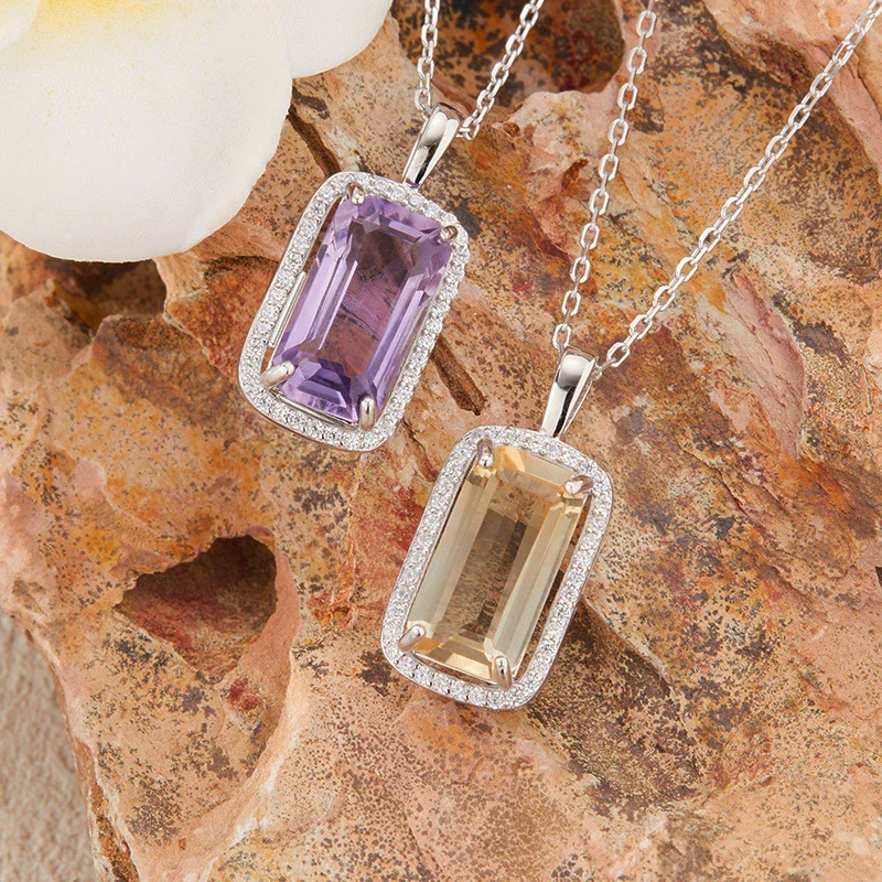 Wholesale Women's Natural Rectangular Amethyst Citrine Pendant Necklace In S925 Sterling Silver With Geometric Pattern And Crystal Setting - Image 2