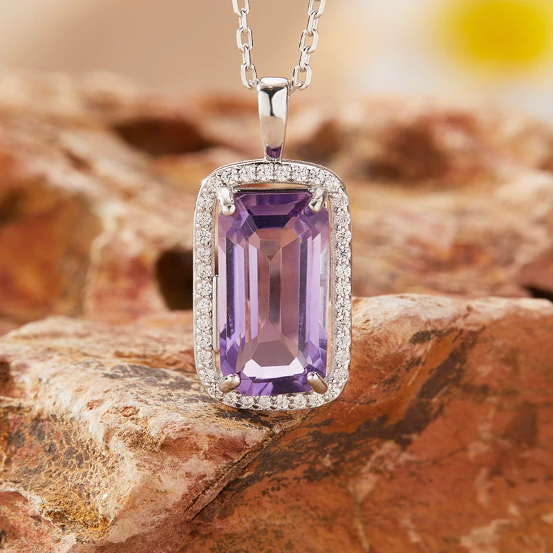 Wholesale Women's Natural Rectangular Amethyst Citrine Pendant Necklace In S925 Sterling Silver With Geometric Pattern And Crystal Setting - Image 3