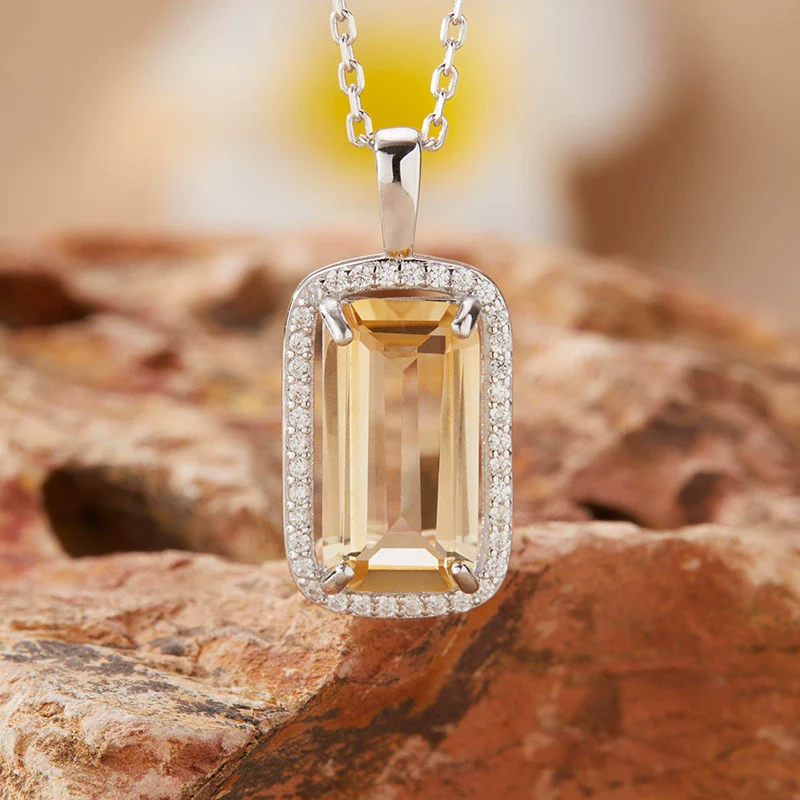 Wholesale Women's Natural Rectangular Amethyst Citrine Pendant Necklace In S925 Sterling Silver With Geometric Pattern And Crystal Setting - Image 4