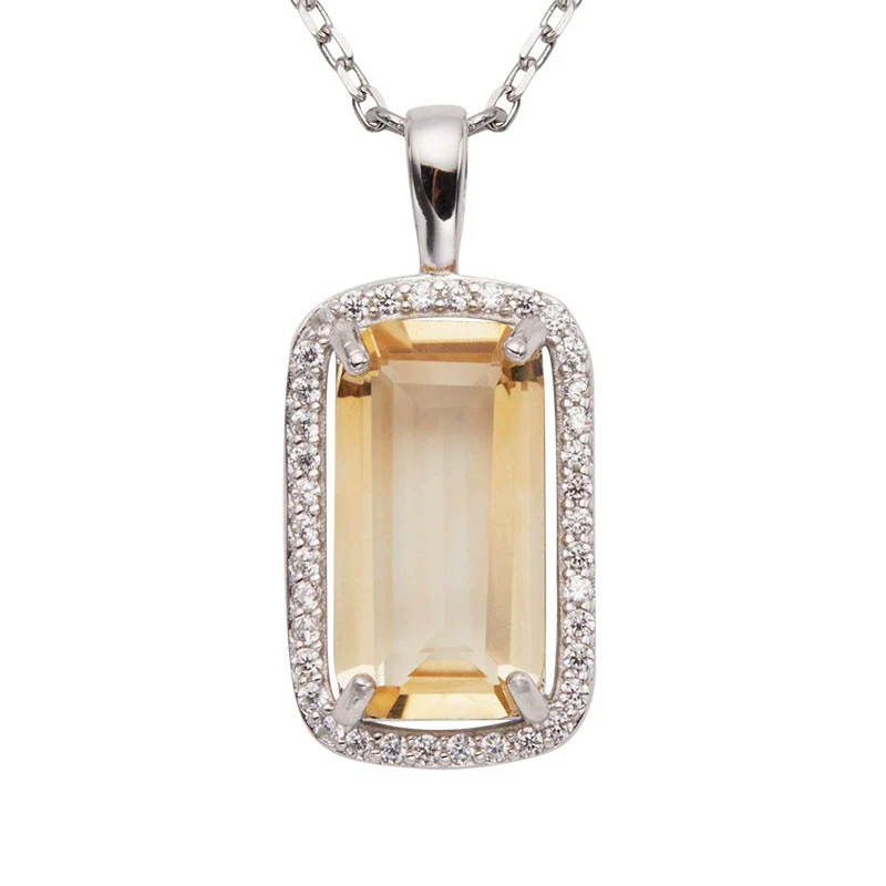 Wholesale Women's Natural Rectangular Amethyst Citrine Pendant Necklace In S925 Sterling Silver With Geometric Pattern And Crystal Setting - Image 5