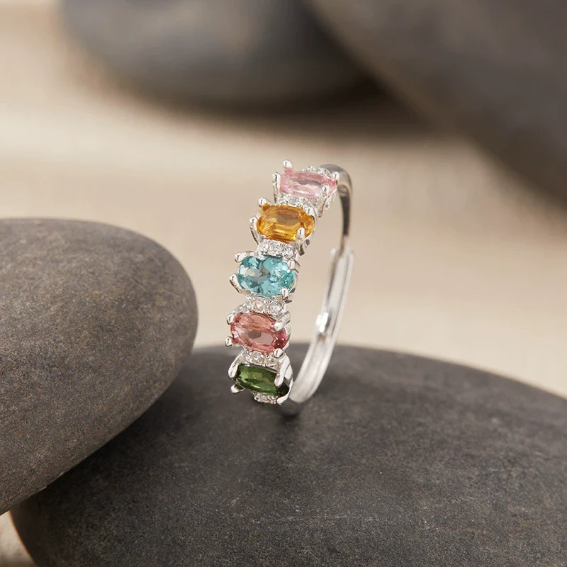 Wholesale Women's Natural Tourmaline Ring In S925 Sterling Silver Geometric Style Set With Gemstones