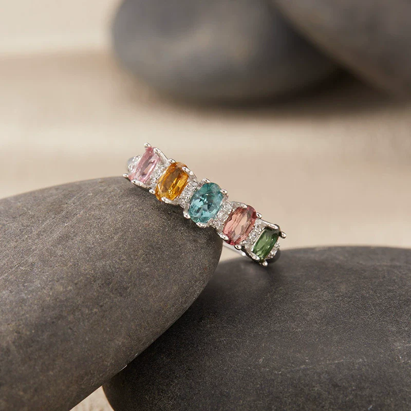 Wholesale Women's Natural Tourmaline Ring In S925 Sterling Silver Geometric Style Set With Gemstones - Image 4