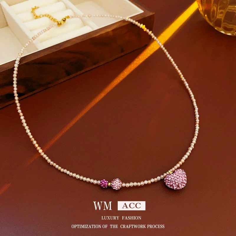 Wholesale Women's Niche Fashion Crystal Love Heart Shaped Clavicle Chain With Pink Diamond Embedded And Electroplated Design - Image 6