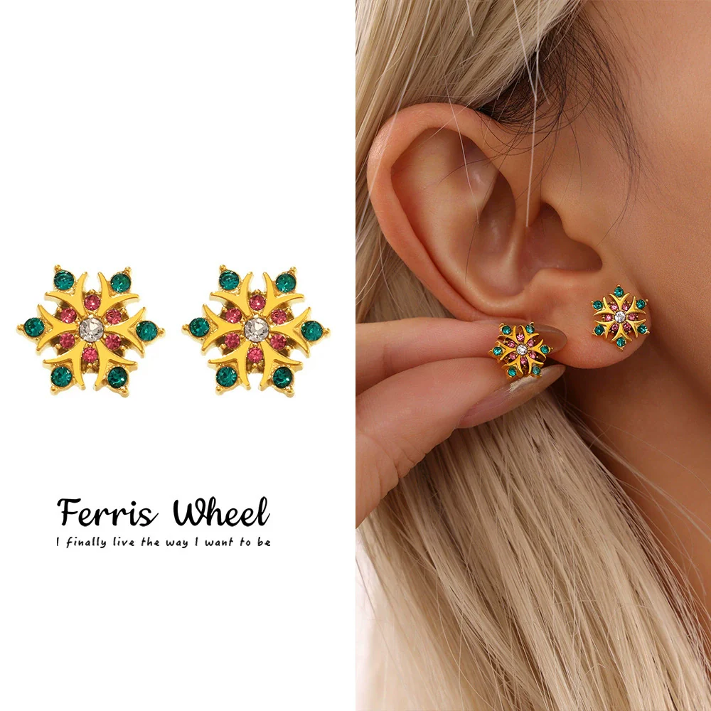 Wholesale Women's Niche Geometric Stainless Steel Zircon Inlaid 18K Gold Plated Ferris Wheel Snowflake Earrings