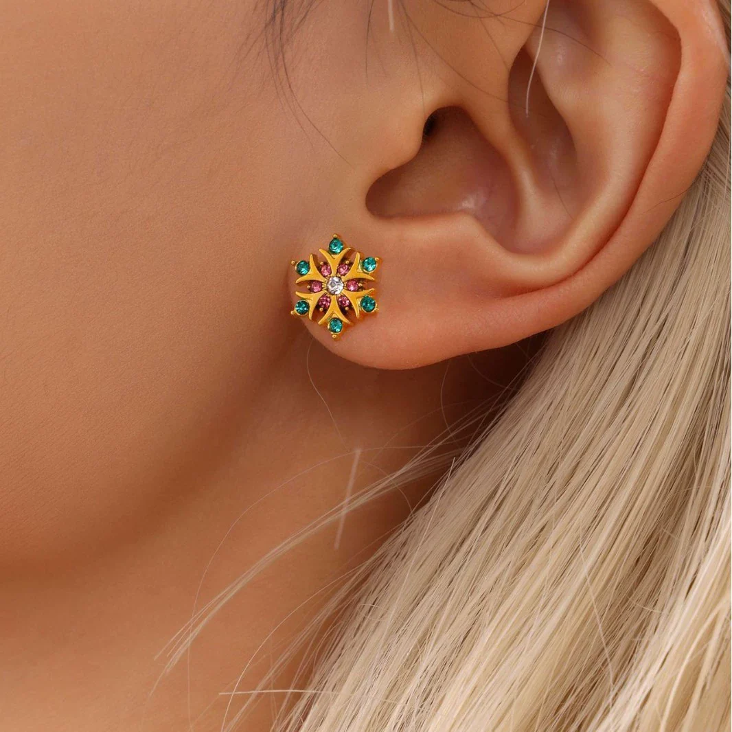 Wholesale Women's Niche Geometric Stainless Steel Zircon Inlaid 18K Gold Plated Ferris Wheel Snowflake Earrings - Image 2