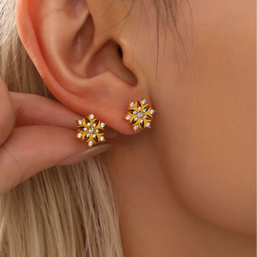 Wholesale Women's Niche Geometric Stainless Steel Zircon Inlaid 18K Gold Plated Ferris Wheel Snowflake Earrings - Image 3