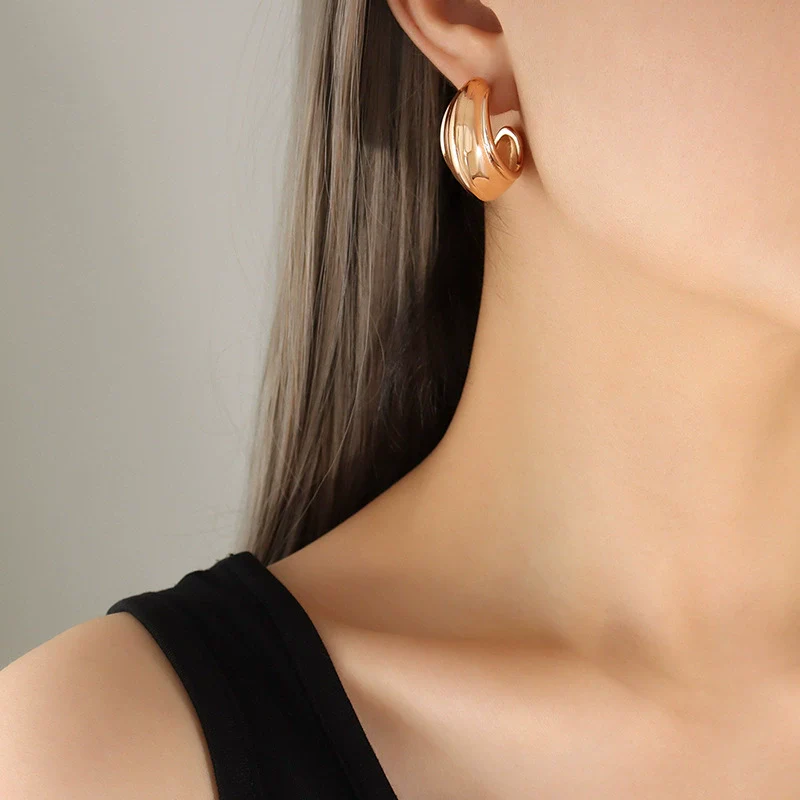Wholesale Women's Normcore Design Cshaped Texture Electroplated 18K Gold Titanium Steel Earrings - Image 7