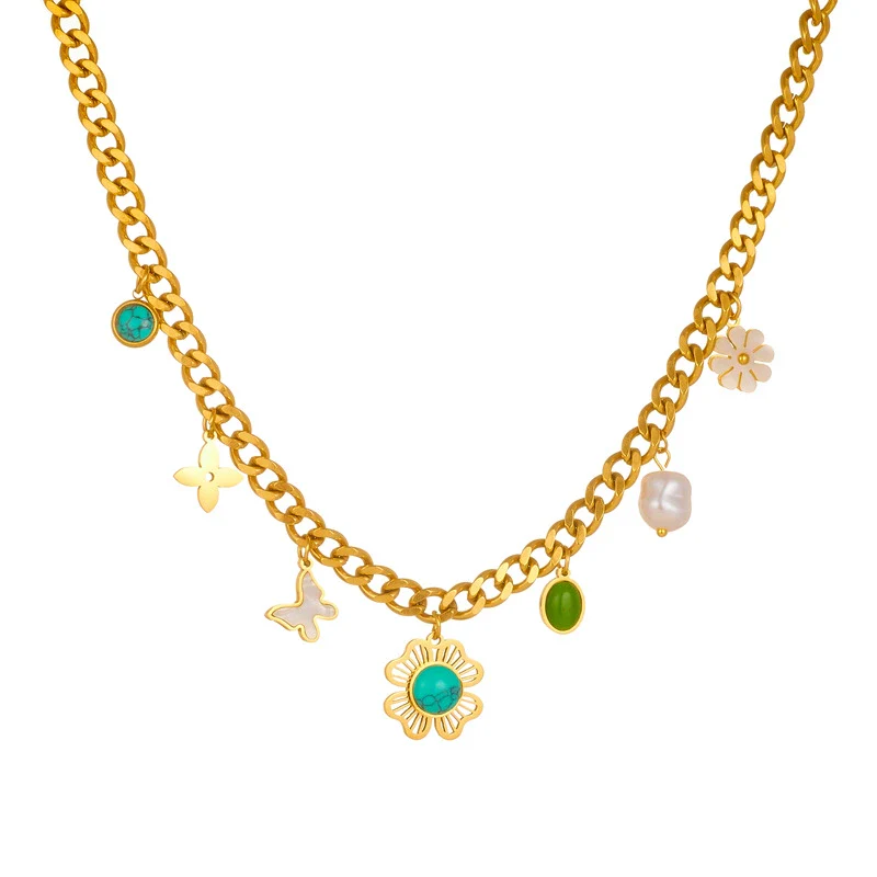 Wholesale Women's Old Money Style Stainless Steel Electroplated Necklace With Butterfly Daisy Turquoise Flower Pendant - Image 5