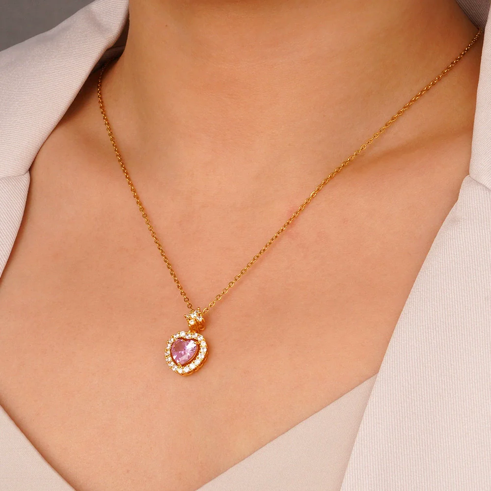 Wholesale Women's Pink Love Sweet Copper Zircon Heart Pendant Necklace With Electroplating And O Word Chain In Light Luxury Style - Image 2