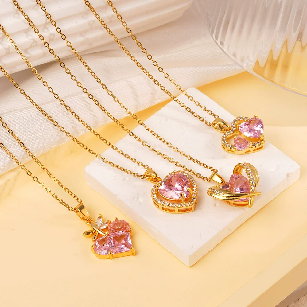 Wholesale Women's Pink Love Sweet Copper Zircon Heart Pendant Necklace With Electroplating And O Word Chain In Light Luxury Style - Image 3
