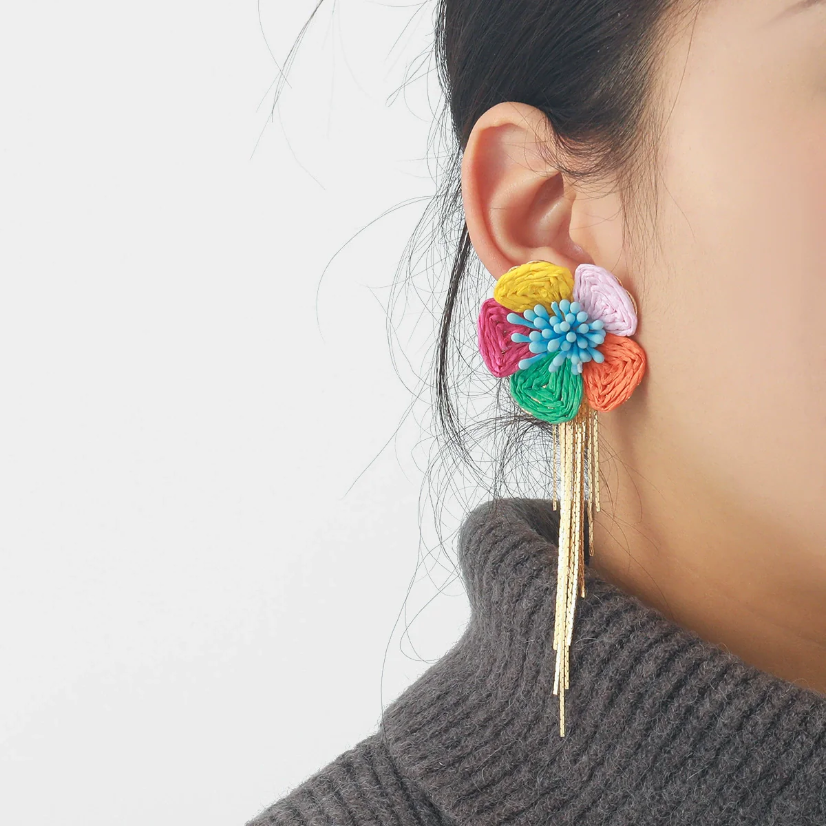 Wholesale Women's Raffia Flower Hand Knitted Tassel Earrings